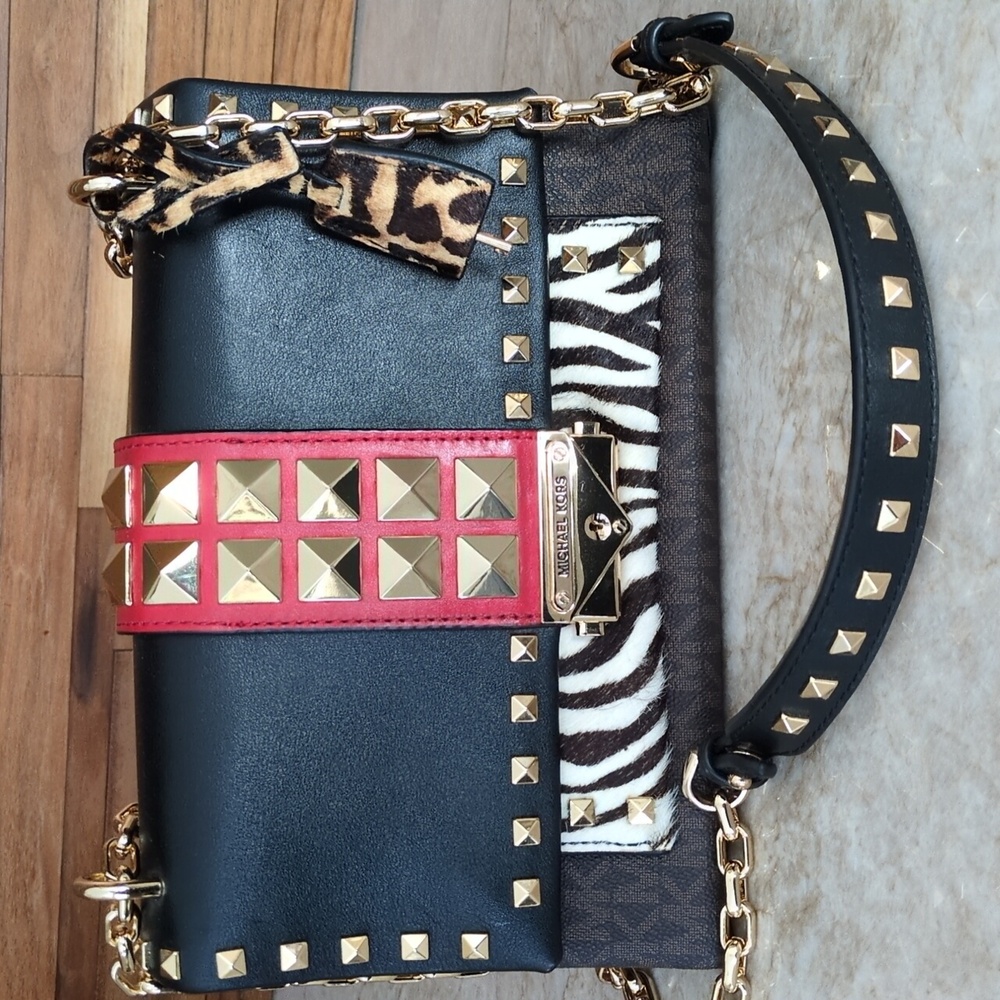 Michael Kors Black and Red Crossbody Bag with Gold Studs 9.5"Wx6"H